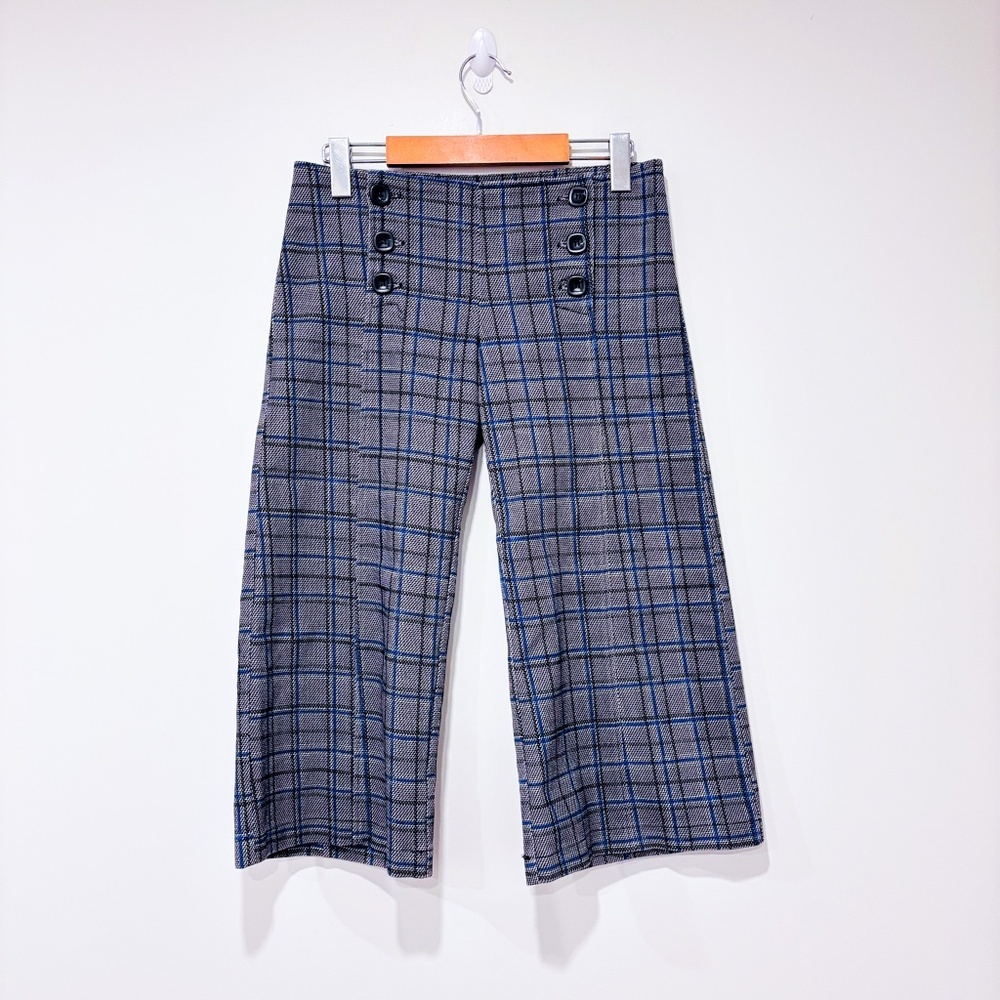 BODYBAG BY JUDE Grey Blue Plaid Wide‎ Leg Cropped Pants Button Detail Small